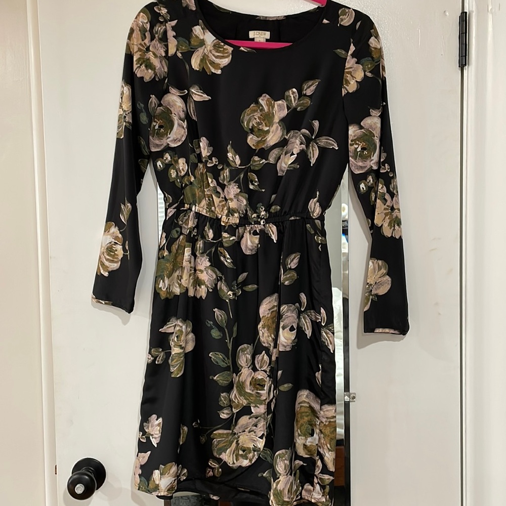 J Crew Black Floral Long Sleeve Dress